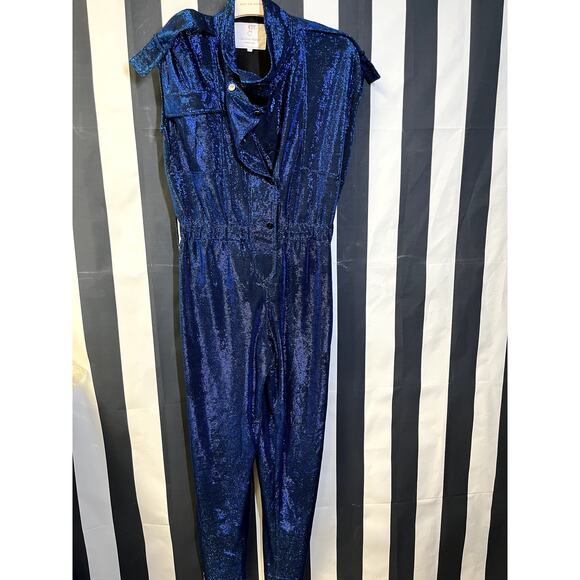 CAROLINA RITZLER Paola Cap-Sleeve Belted Metallic Jumpsuit Blue Size 36 XS - Picture 2 of 6